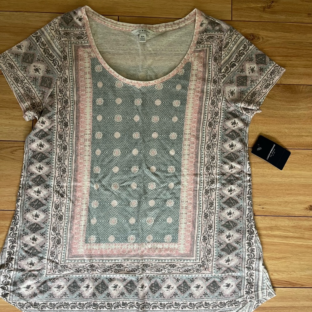 Lucky Brand Geometric Pink and Gray Tee